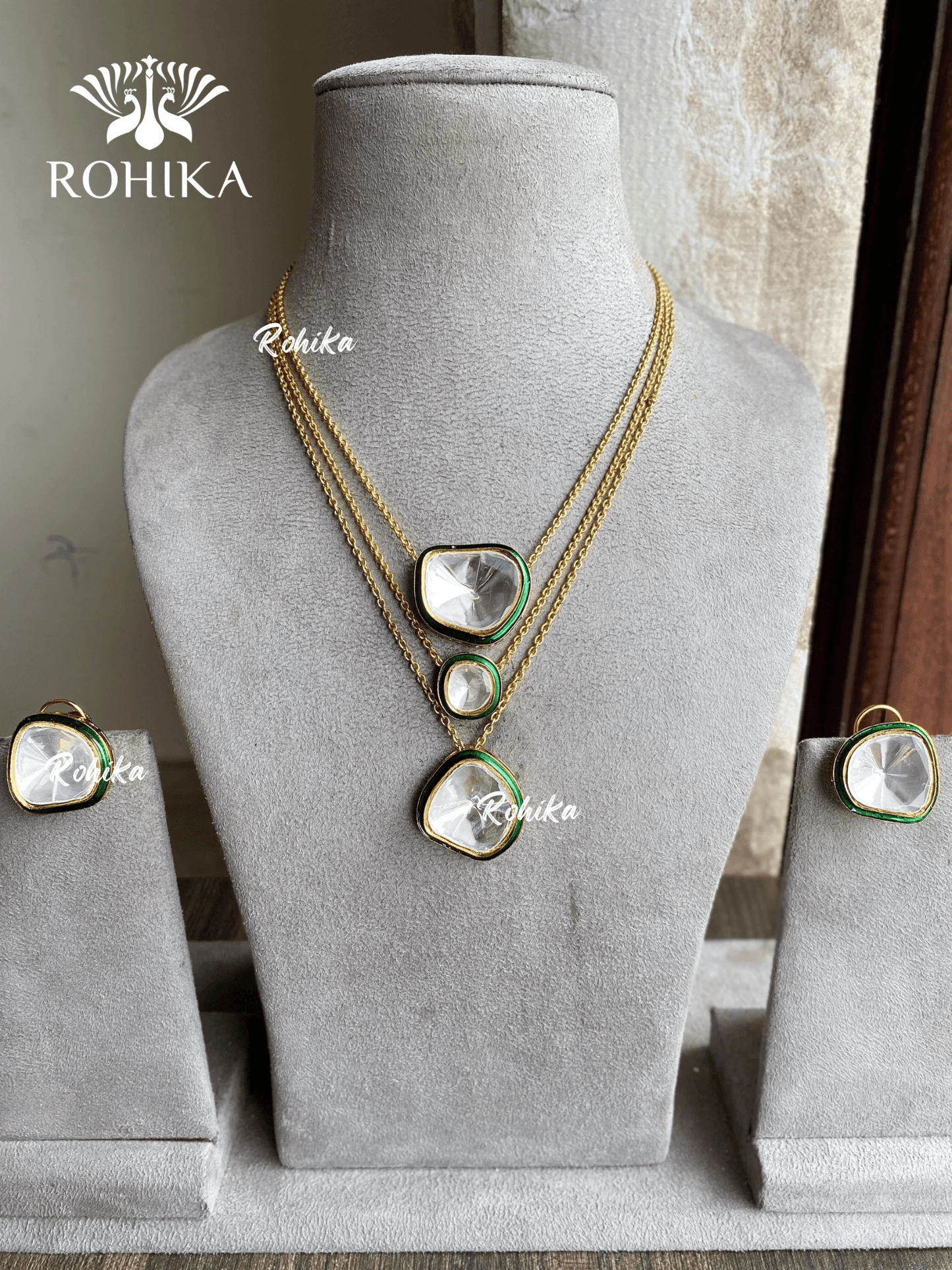 Kareena kundan layered necklace set - Dark Green - Rohika Store
