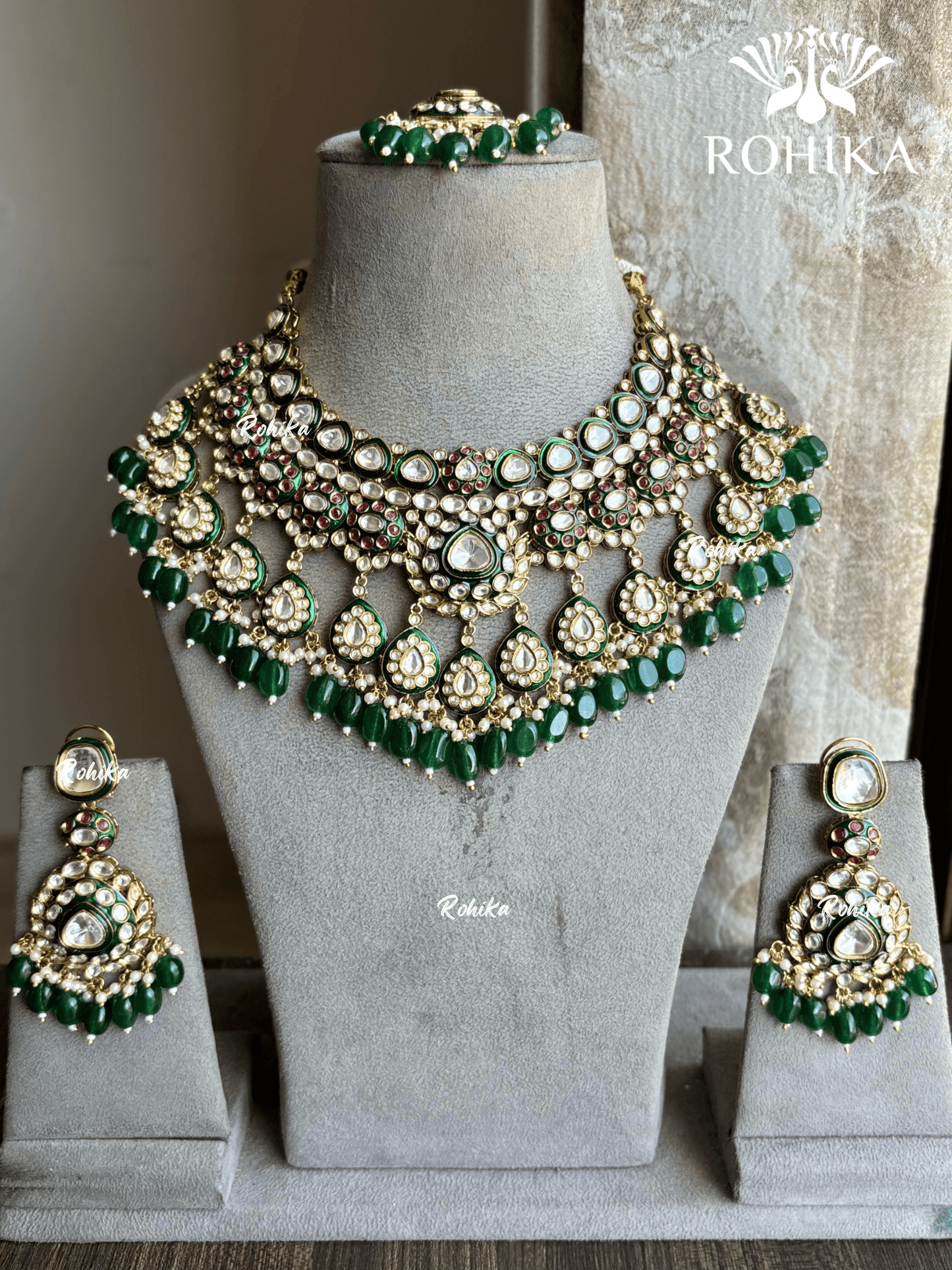 Nirvi Bikaneri Polki Kundan Necklace Set - Dark Green - Rohika Store