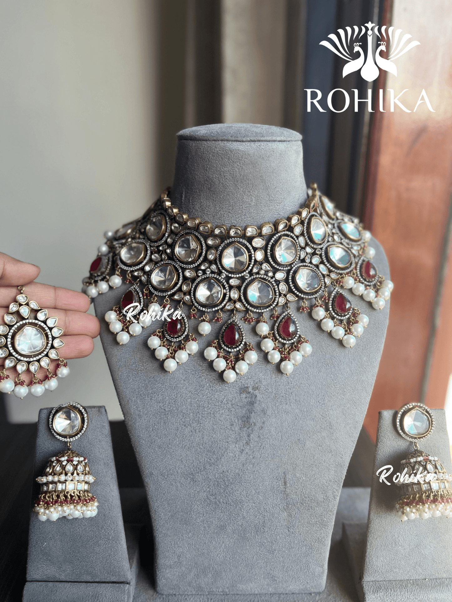 Katha polki kundan bridal set - Red - Rohika Store
