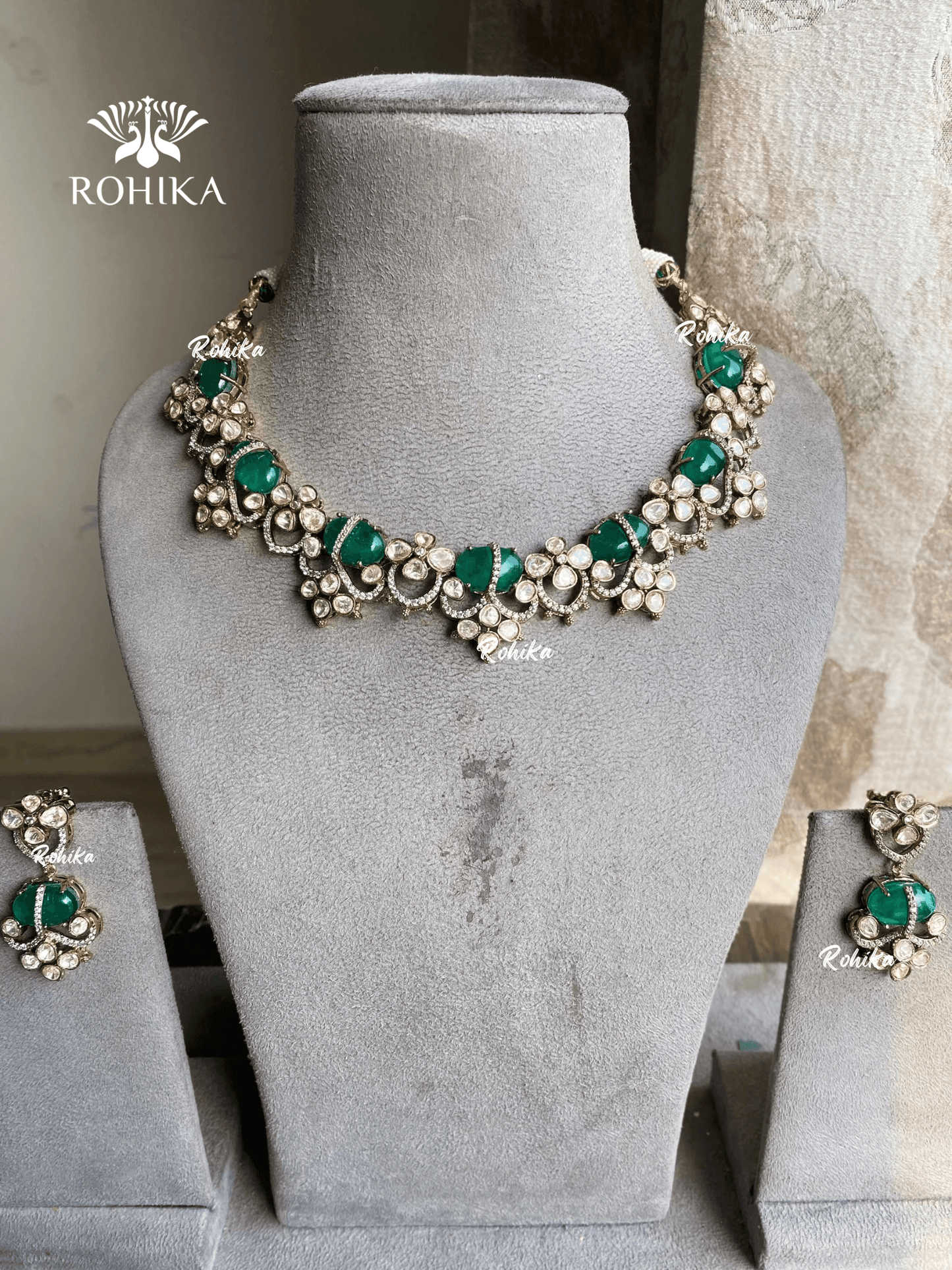 Maansi moisanite necklace set - Green - Rohika Store