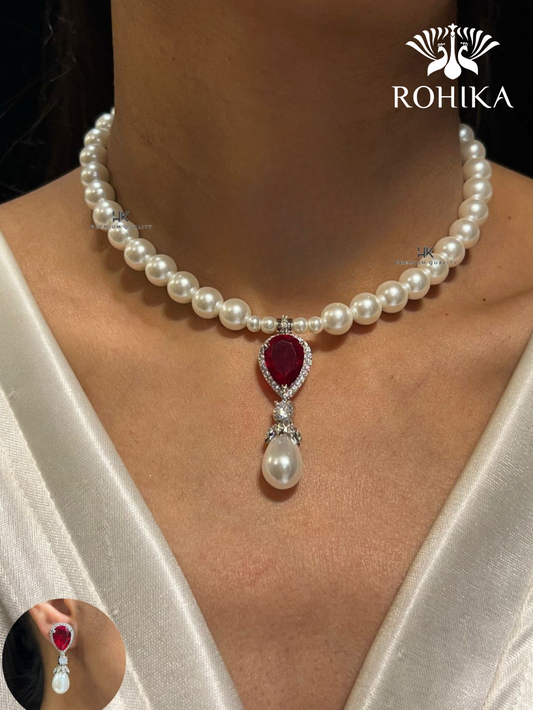 American diamond choker set (ADN -019) - Red -Rohika store