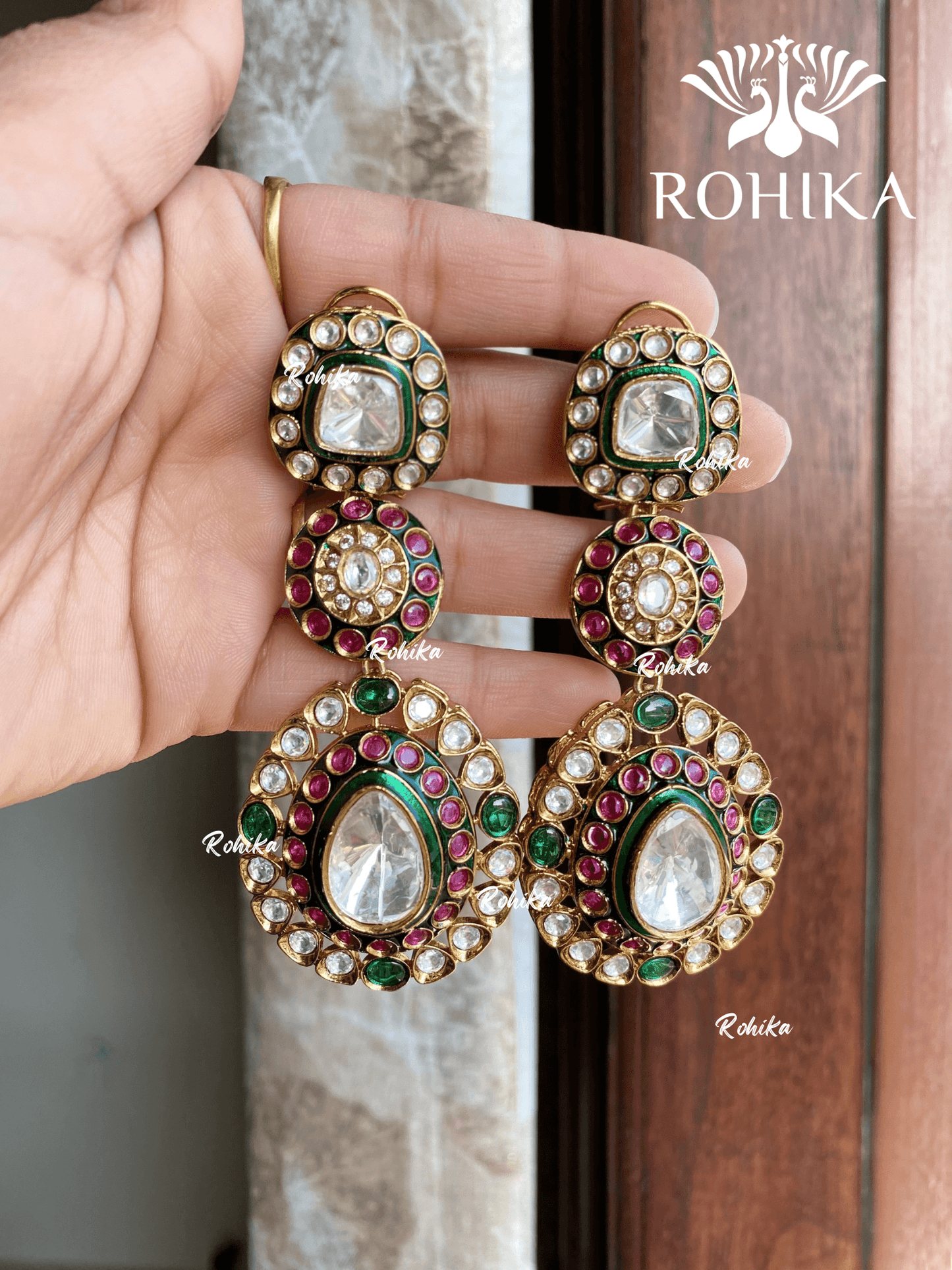 Somya bikaneri kundan earrings - Green & pink - Rohika Store