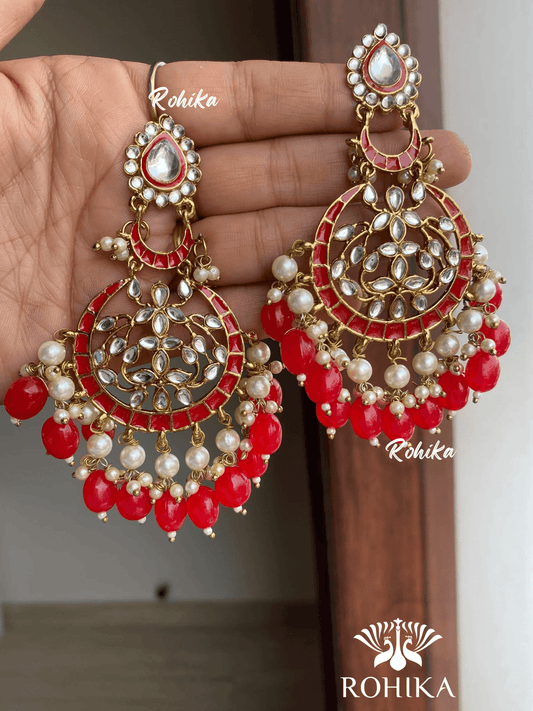 Kajal meenakari kundan earrings - Red - Rohika Store