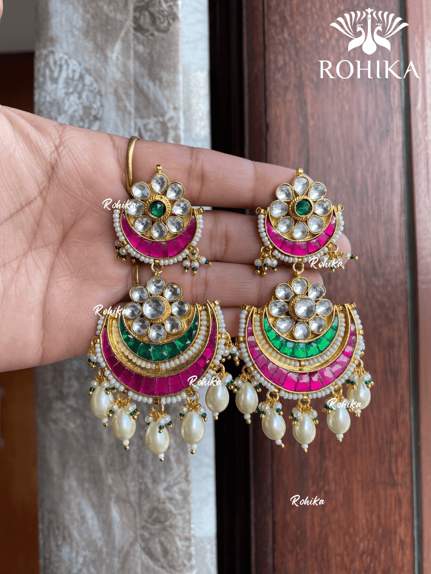 Parini pachhi kundan earrings (PKJ016) - Pink & green - Rohika Store
