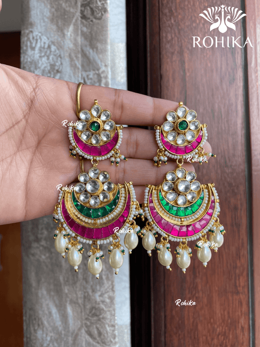 Parini pachhi kundan earrings (PKJ016) - Pink & green - Rohika Store