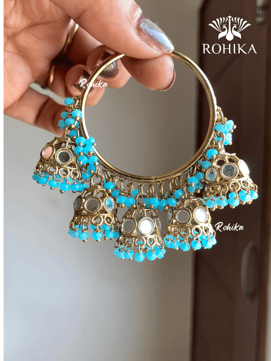 Leena mirror jhumki bali earrings - Sky blue - Rohika Store