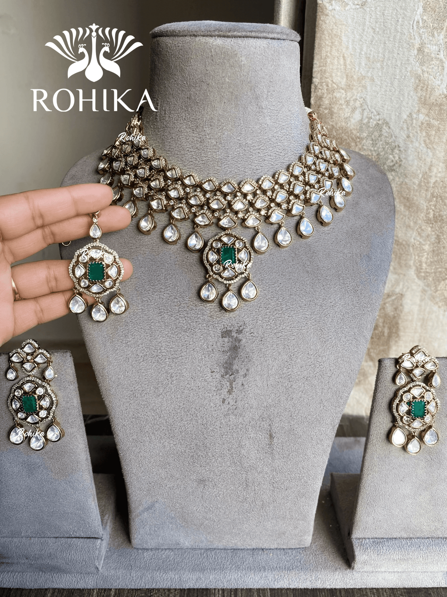 Bindiya moisanite necklace set - Green - Rohika Store