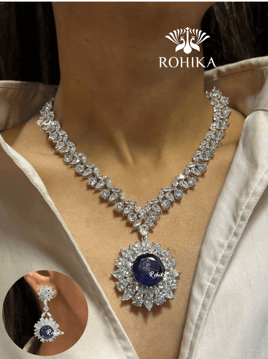 Ava american diamond necklace set - Dark blue - Rohika Store