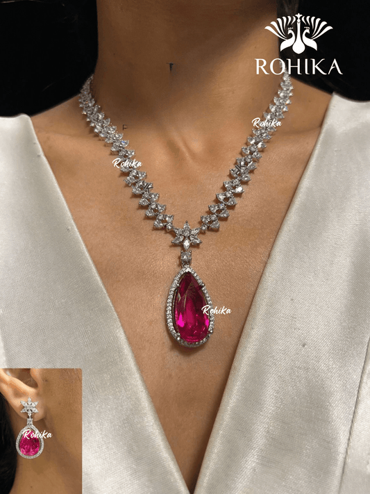 American diamond necklace set (ADN -016) - Pink - Rohika Store