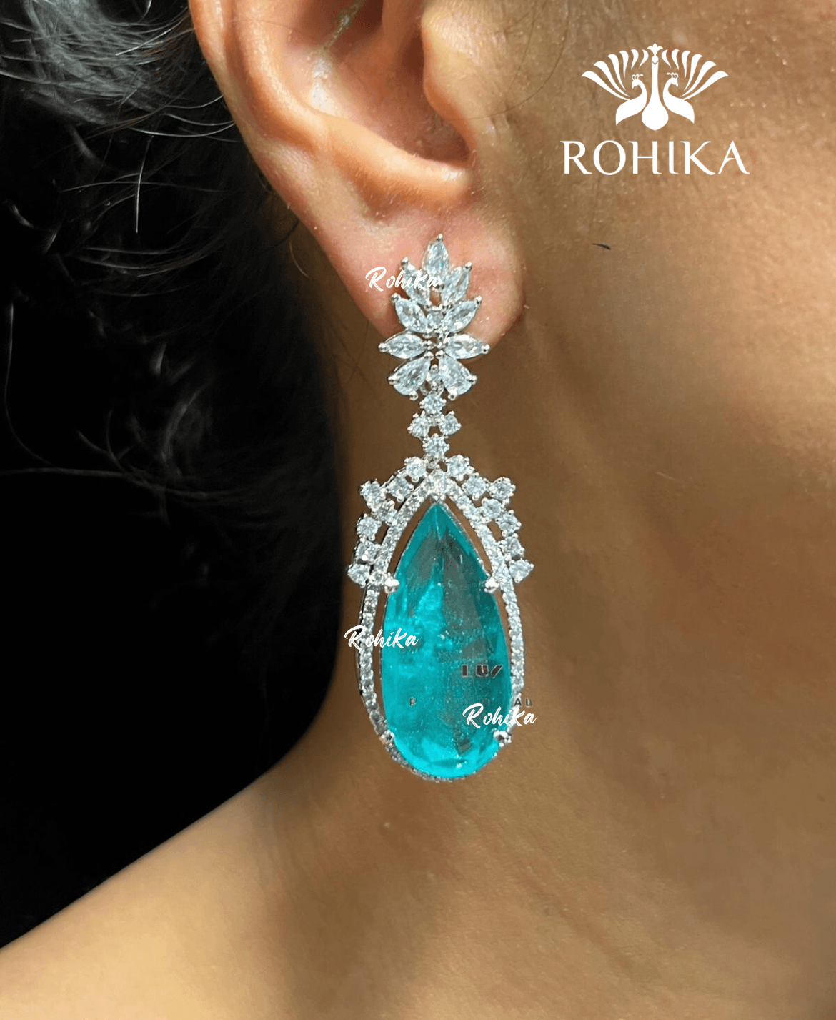 Molly american diamond earrings - Teal blue - Rohika Store