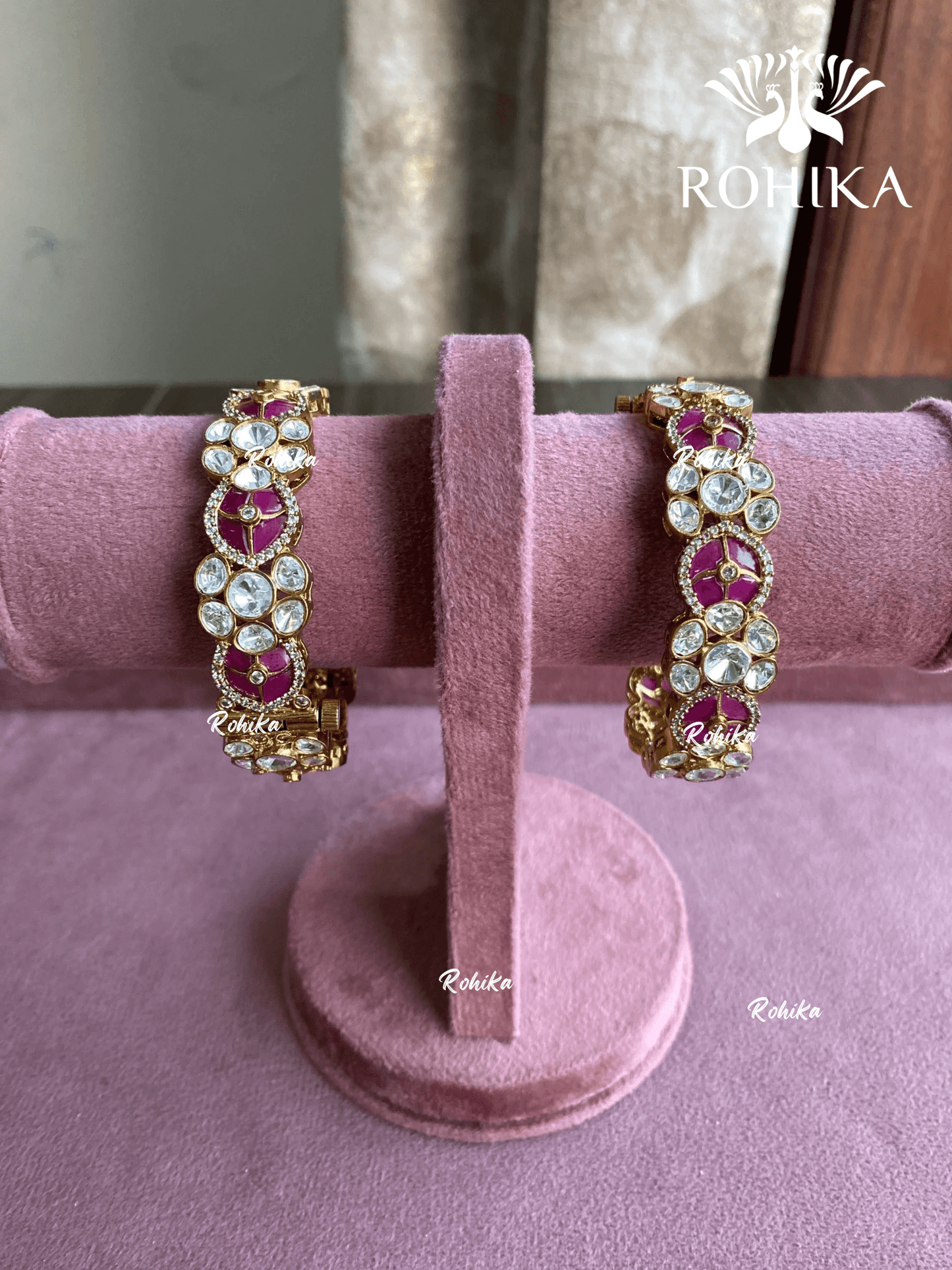 Karuna polki kundan kada/bangles - Pink - Rohika Store
