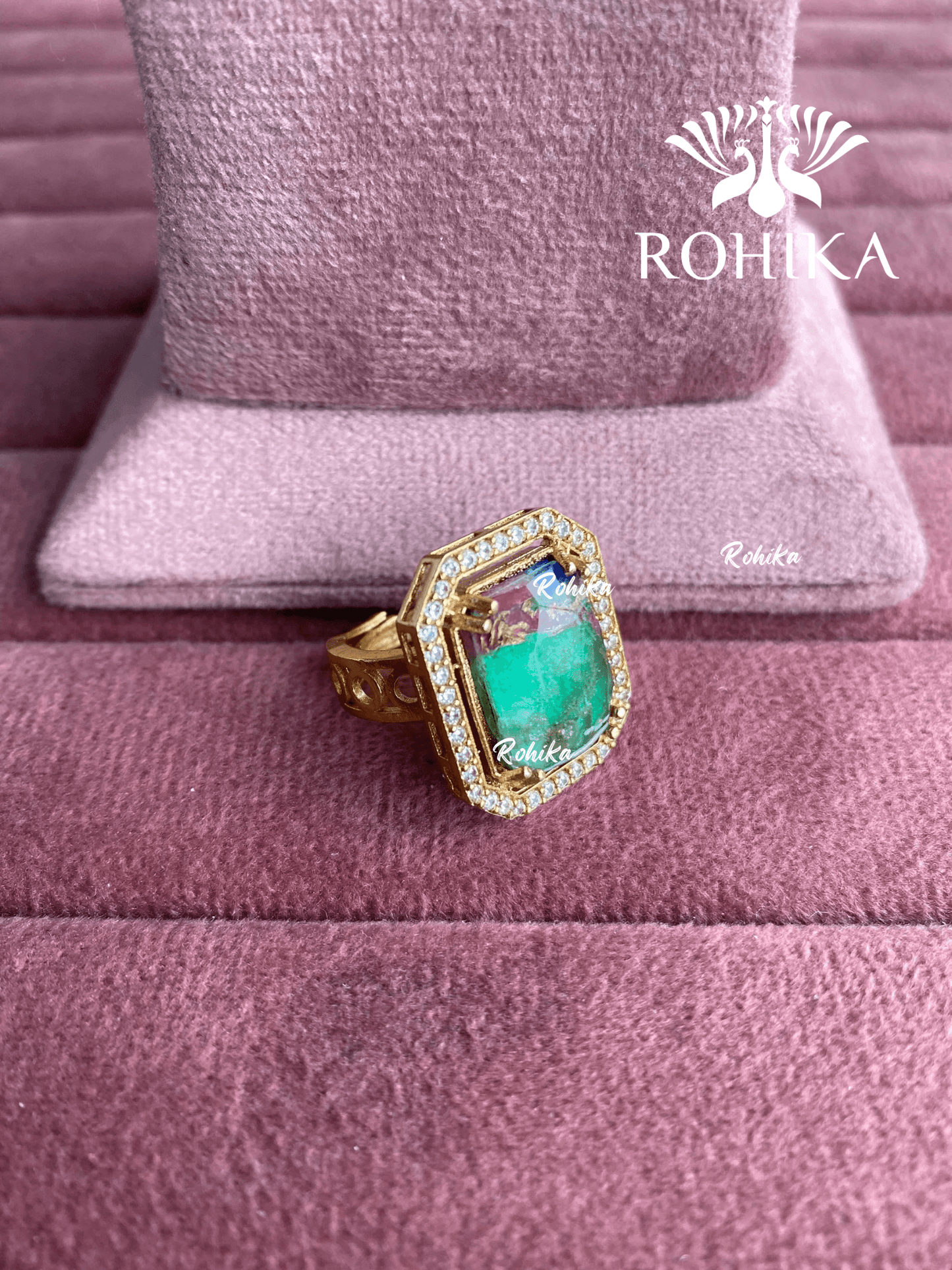 Angana polki kundan ring (SG-124) - Green & pink - Rohika Store