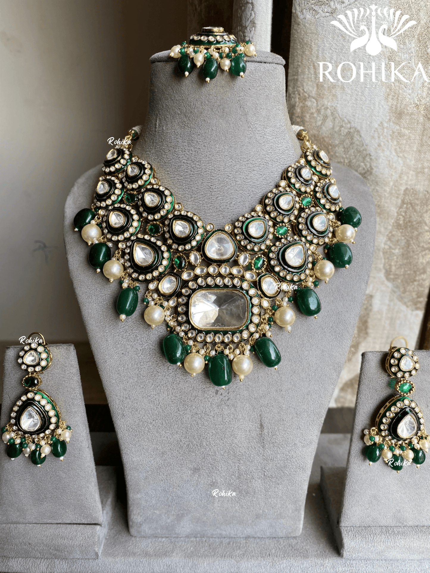 Gunjan bikaneri kundan bridal necklace set - Dark Green - Rohika Store