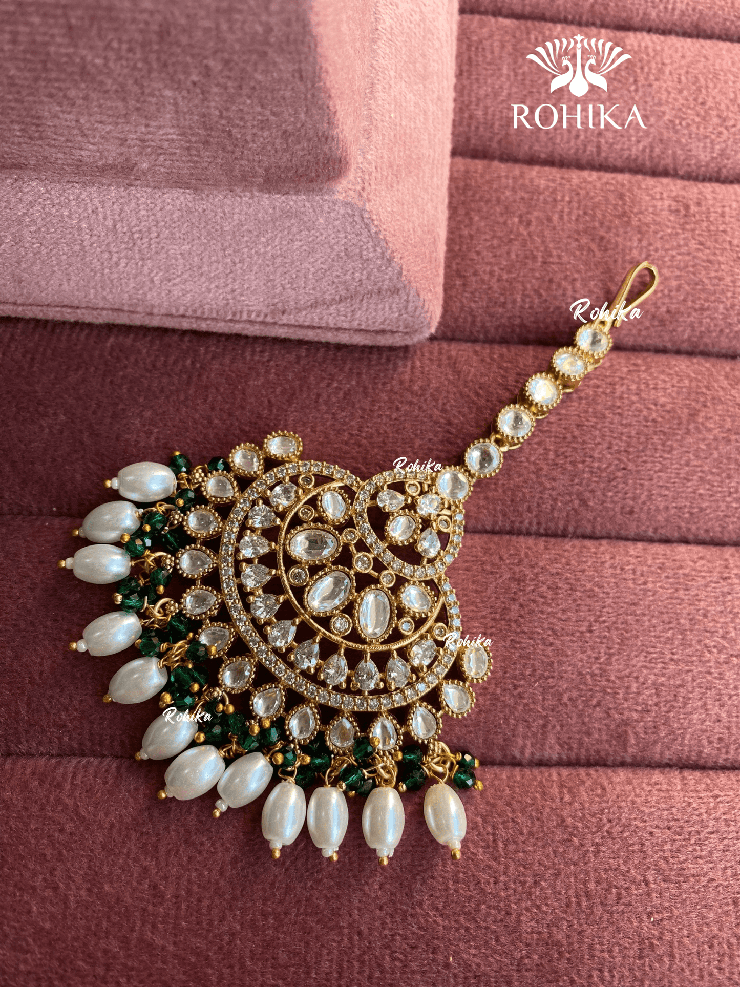 Polki kundan maangtikka (PLKM-050) - White & green - Rohika Store