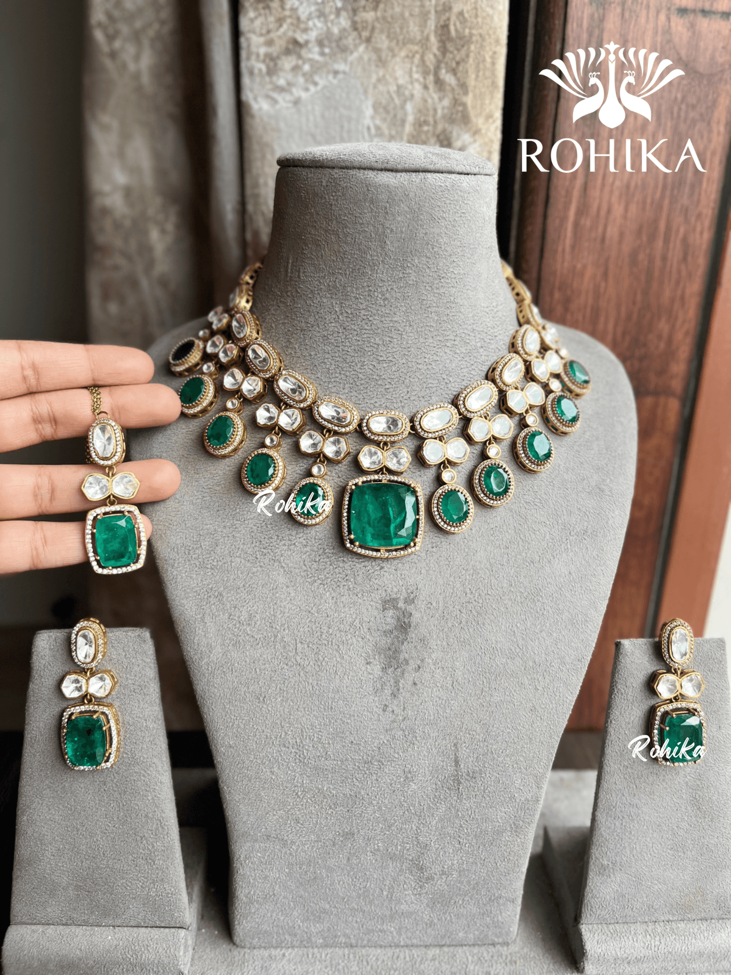 Saras doublet kundan necklace set - Dark green - Rohika Store