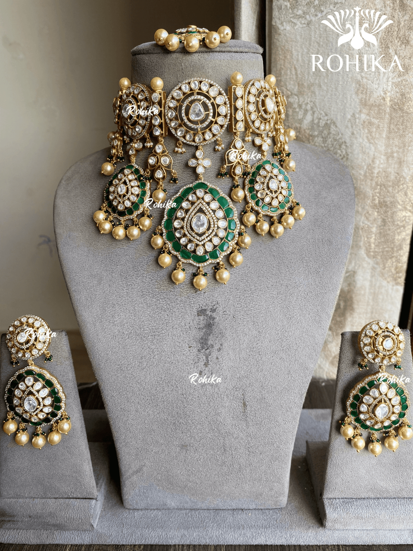 Mastani moisanite bridal necklace set - Green - Rohika Store