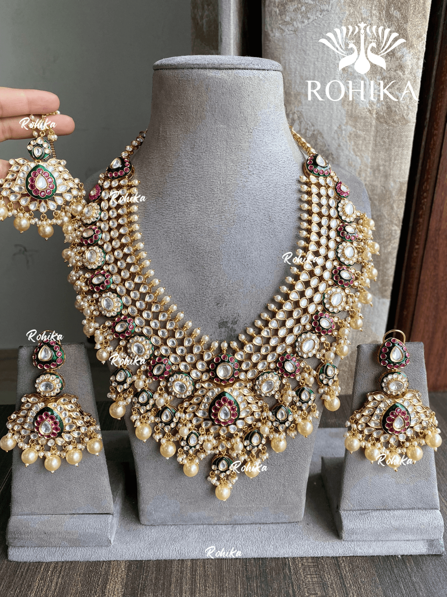 Aangan bikaneri polki kundan long necklace set - Green and Ruby - Rohika Store