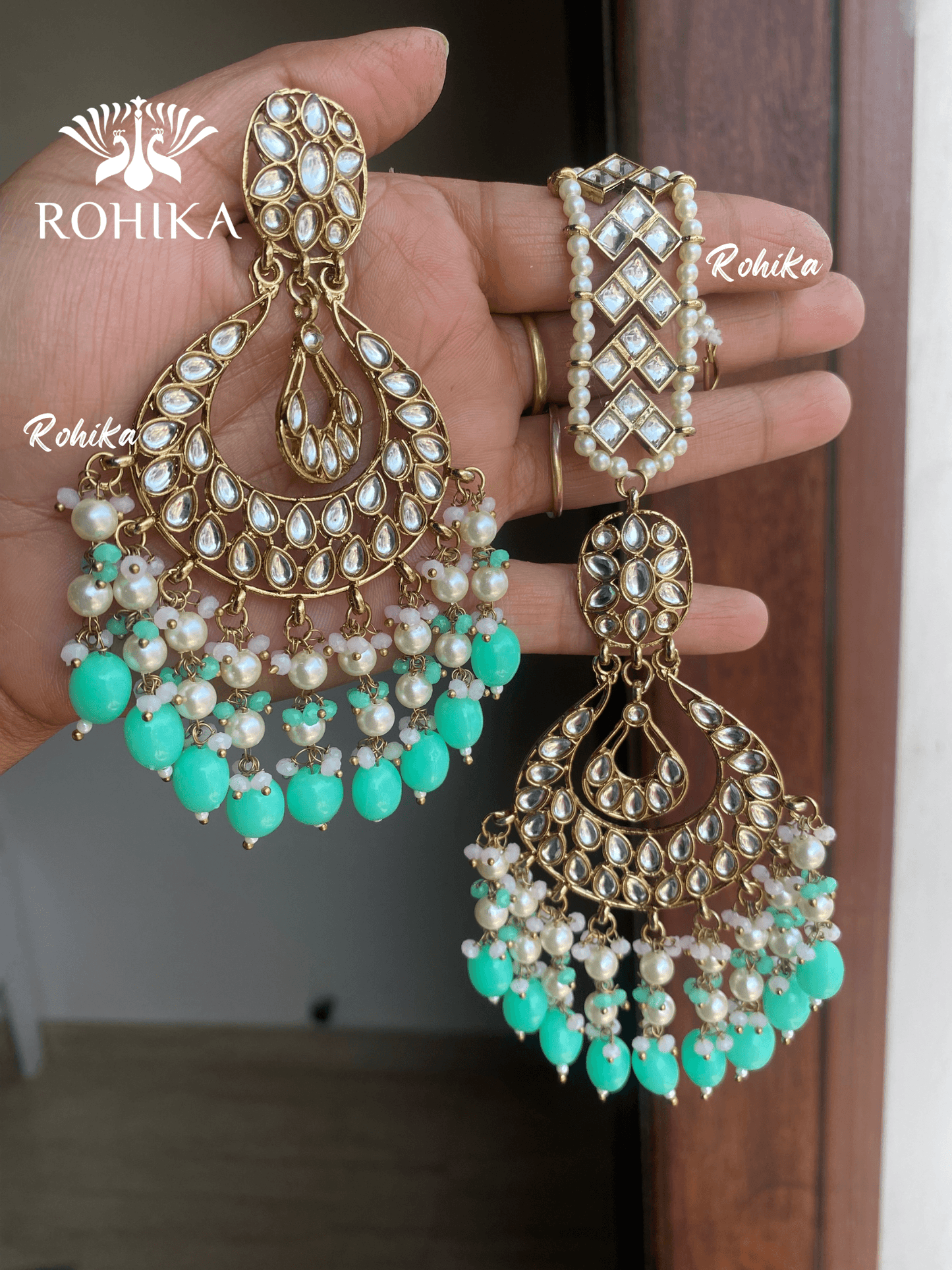 Madhur earrings and maangtikka - Mint green - Rohika Store