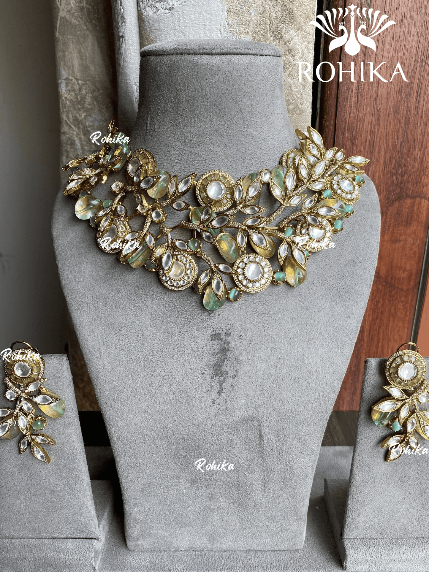 Yashini polki kundan fusion designer necklace set - Mint green - Rohika Store
