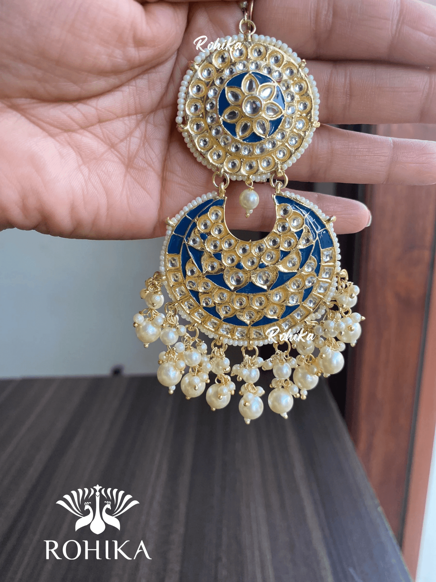 Tisha earrings and maangtikka combo - Dark blue - Rohika Store