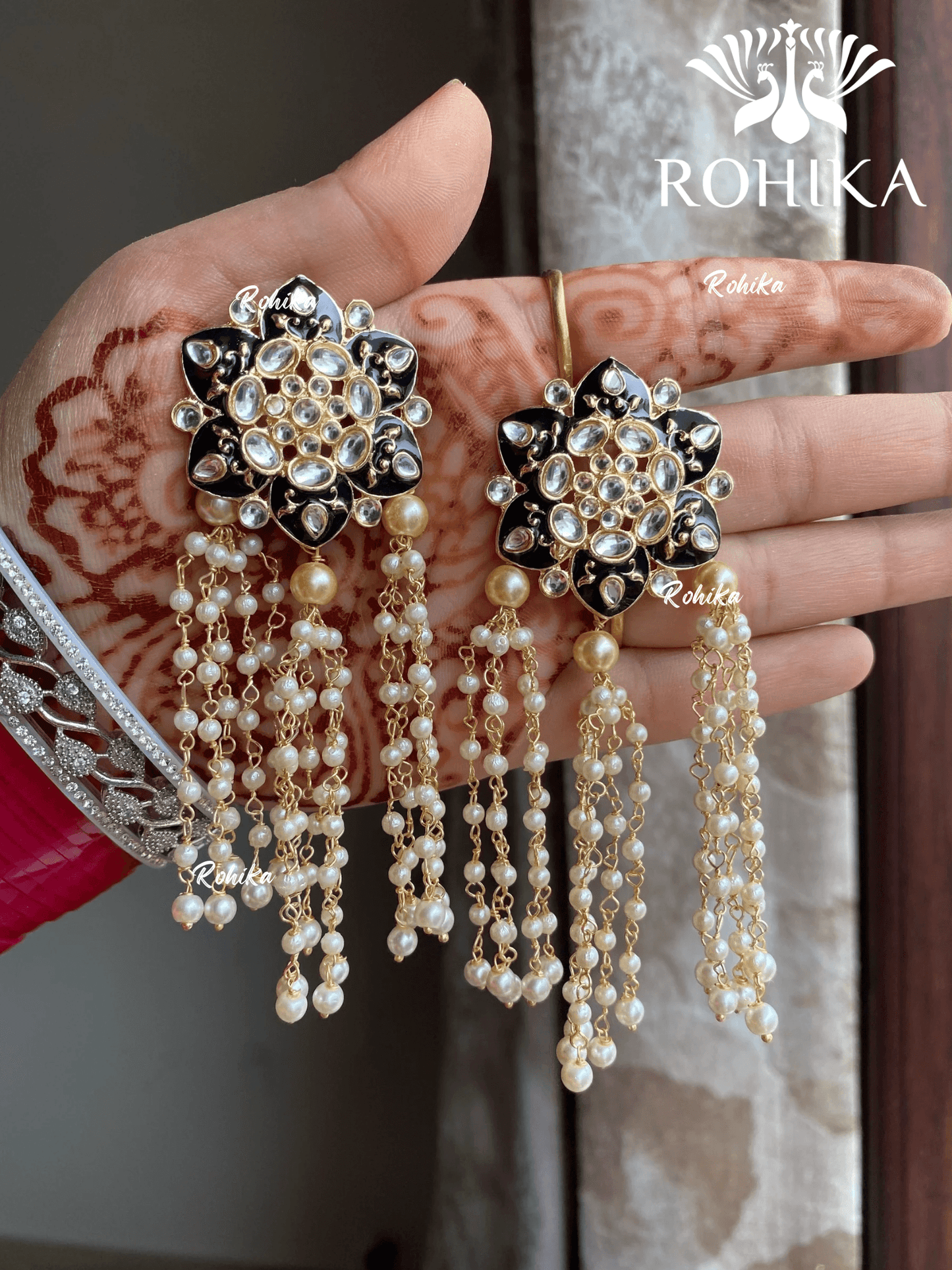 Monika kundan earrings - Black - Rohika Store