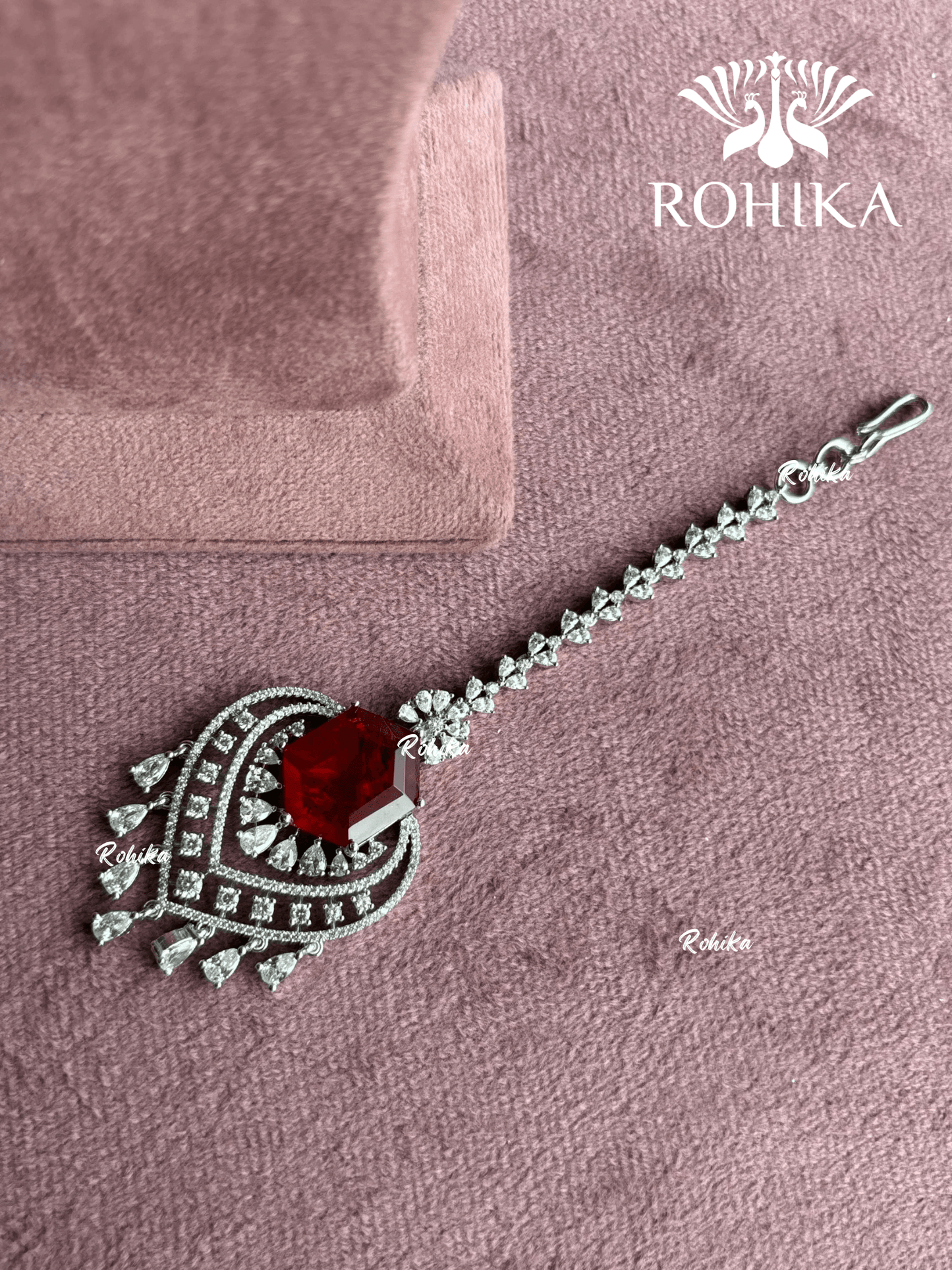 American Diamond Maangtikka (ADM-003) - Red - Rohika Store