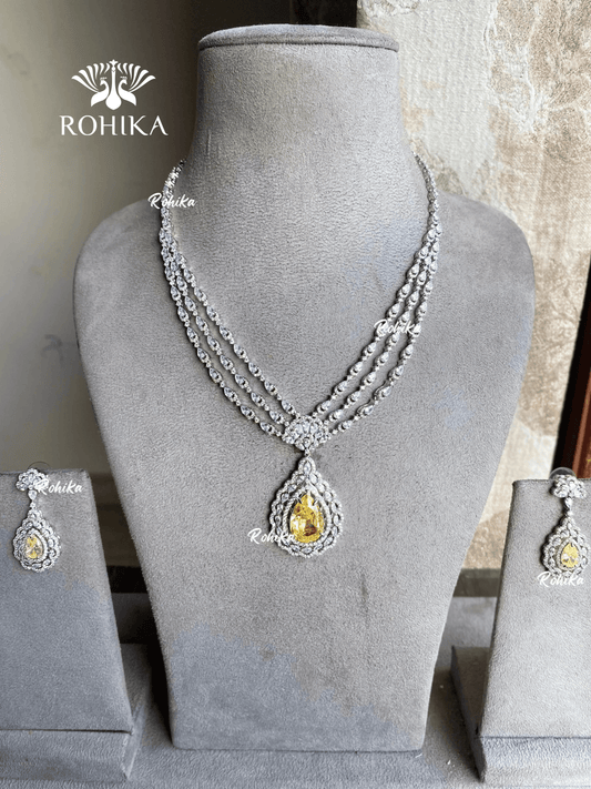 Siyara american diamond necklace set - Yellow - Rohika Store
