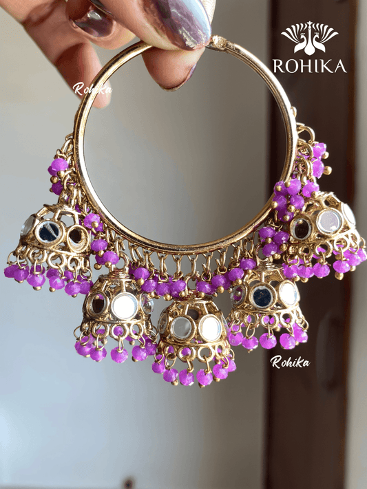 Leena mirror jhumki bali earrings - Purple - Rohika Store