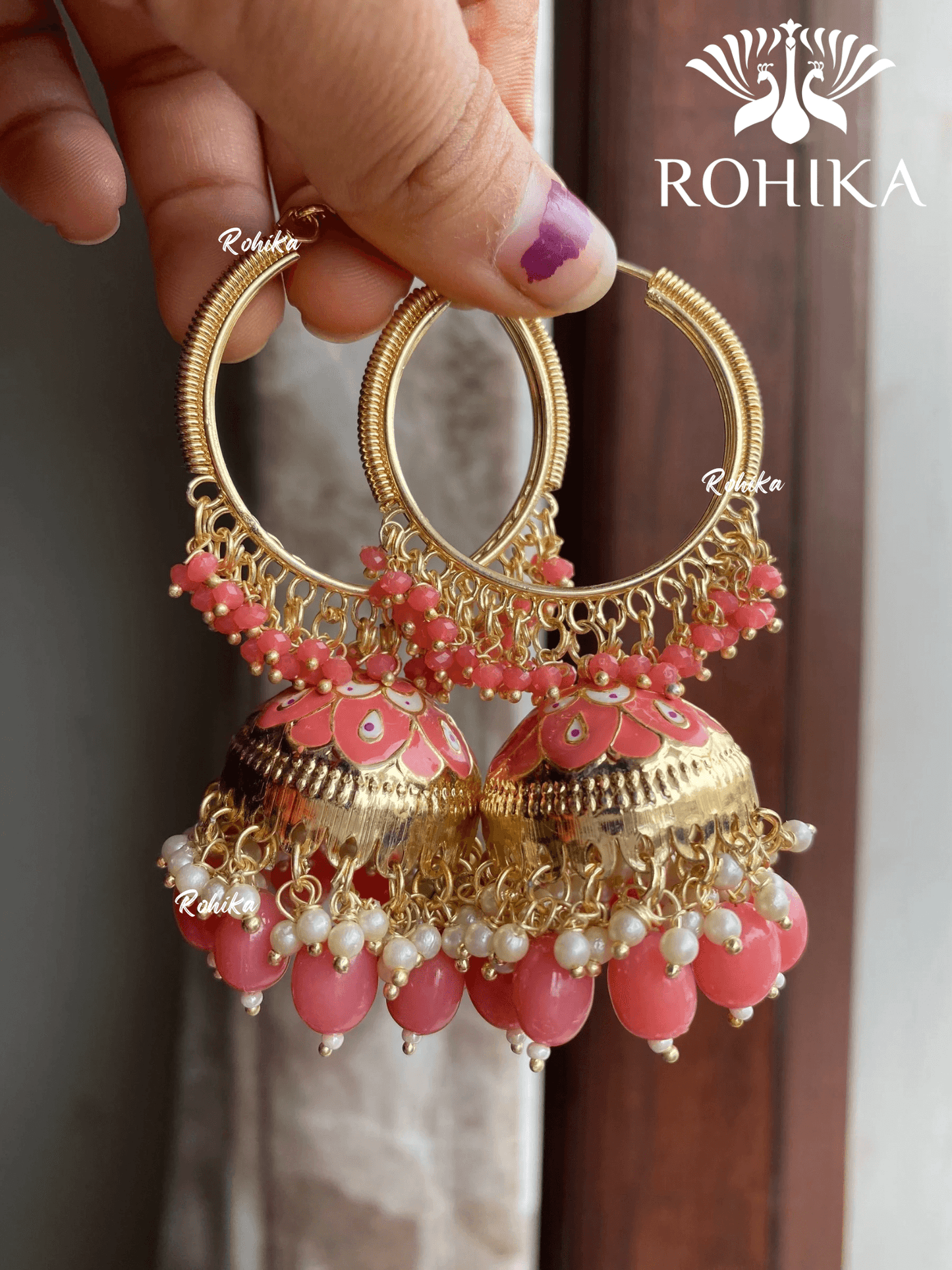 Neera jhumka bali earrings - Pink - Rohika Store
