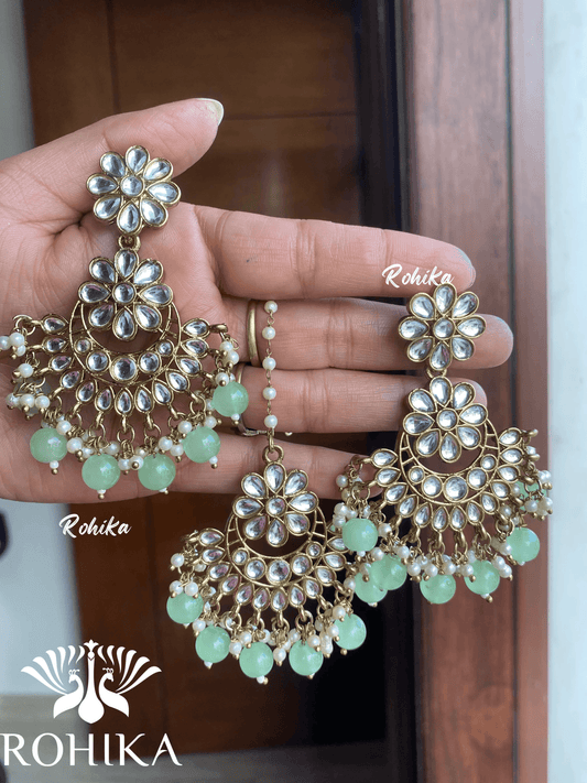 Supriya earrings and maangtikka combo - Mint Green - Rohika Store