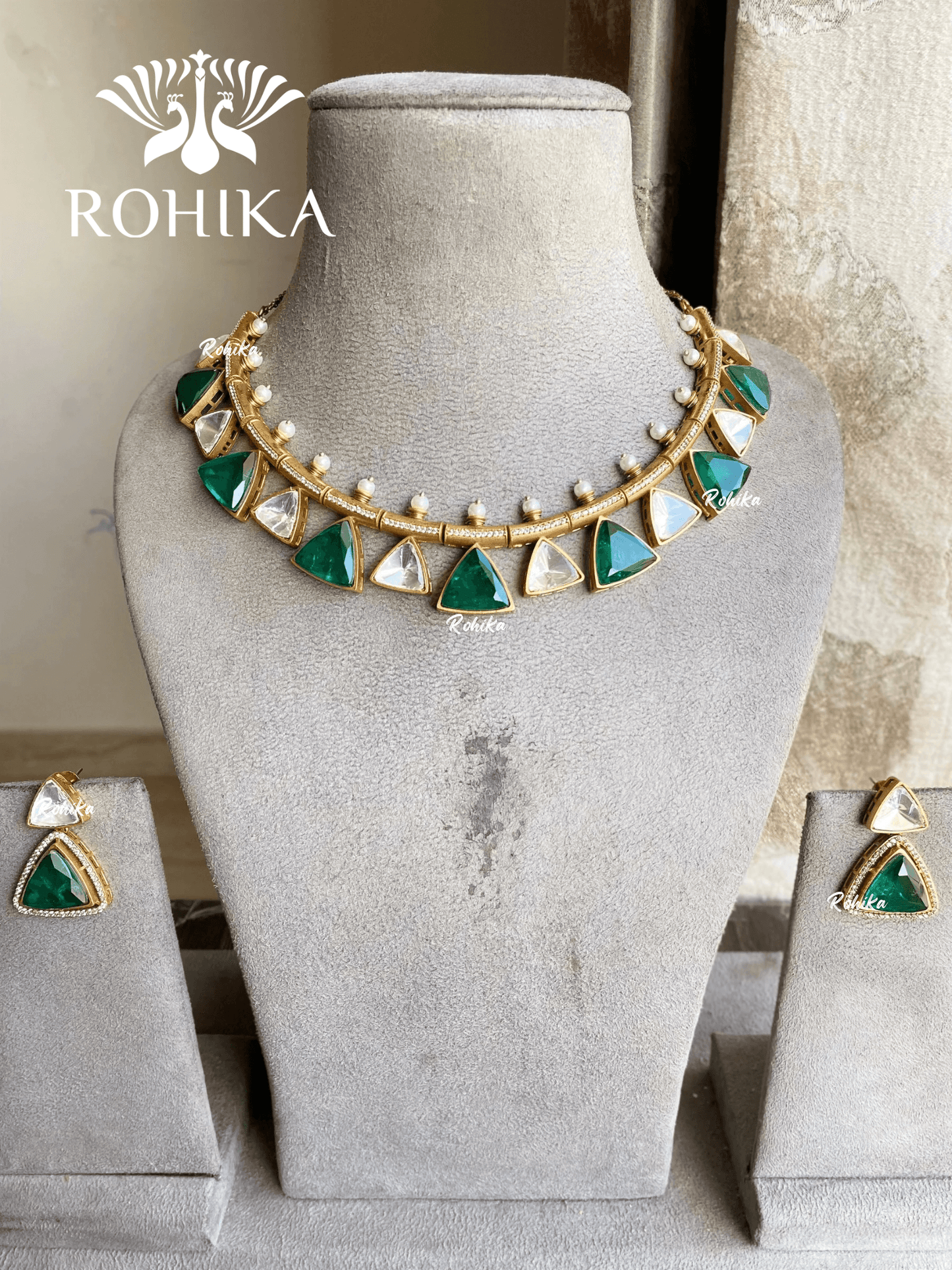 Amanat polki kundan necklace set - Dark green - Rohika Store
