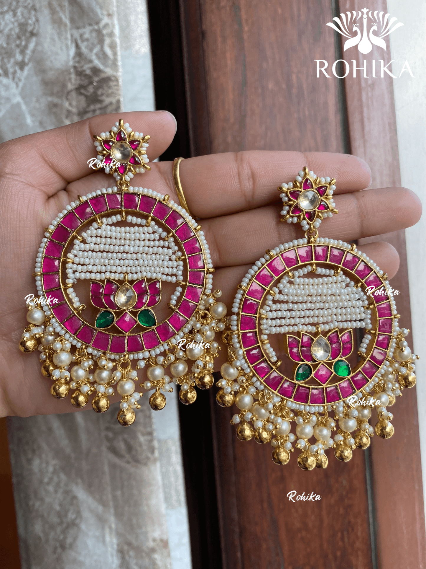 Parini pachhi kundan earrings (PKJ011) - Pink & green - Rohika Store