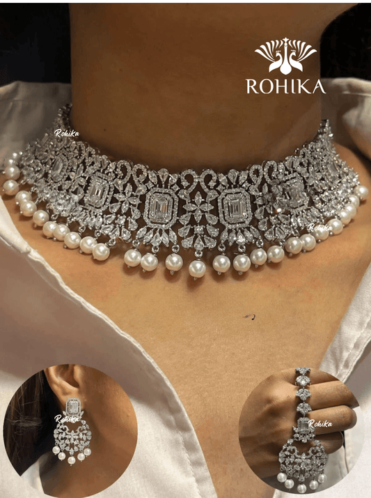 Ella american diamond choker set - white - Rohika Store