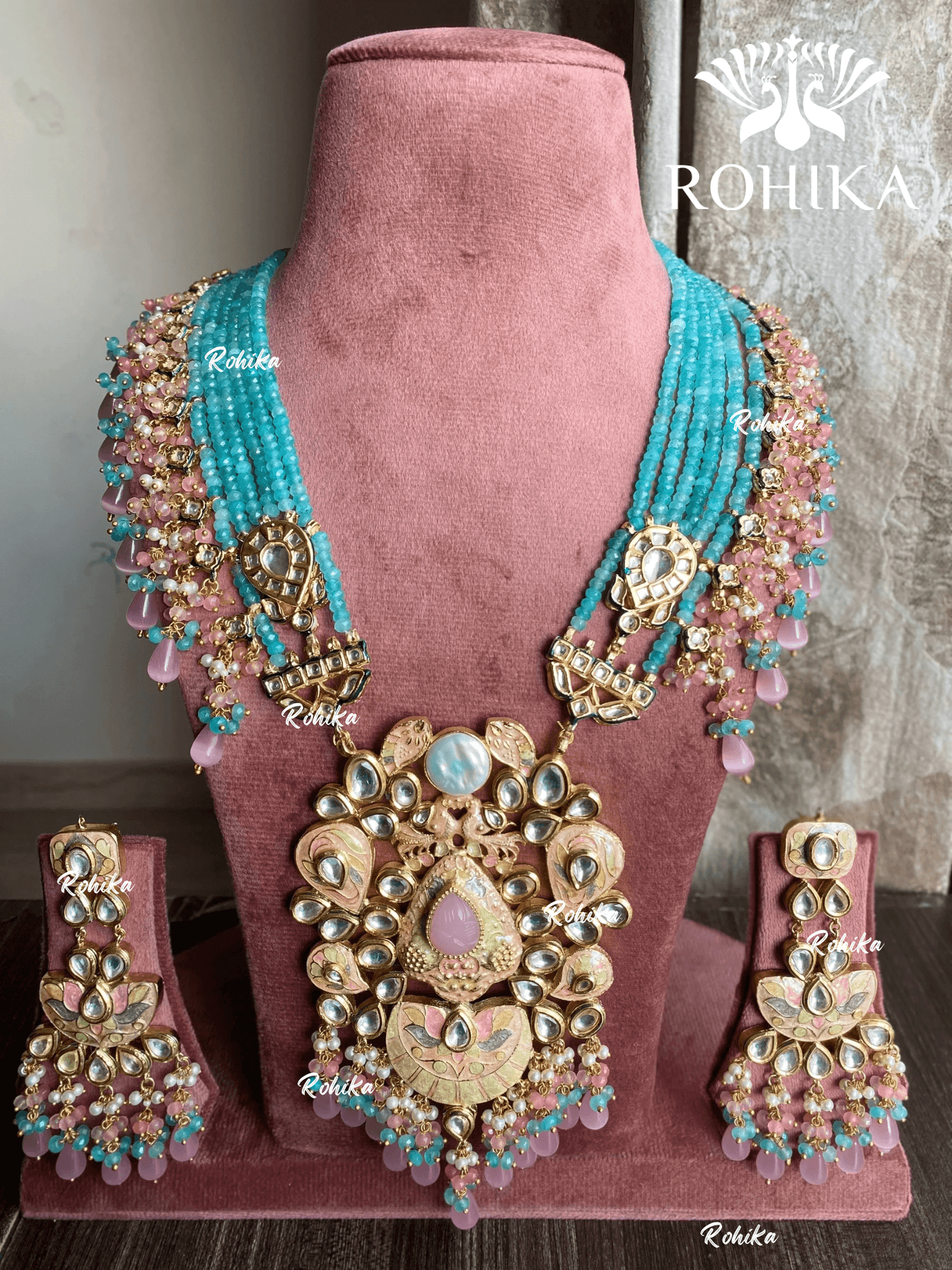 Divya meenakari kundan long necklace set - Sky blue & pink - Rohika Store