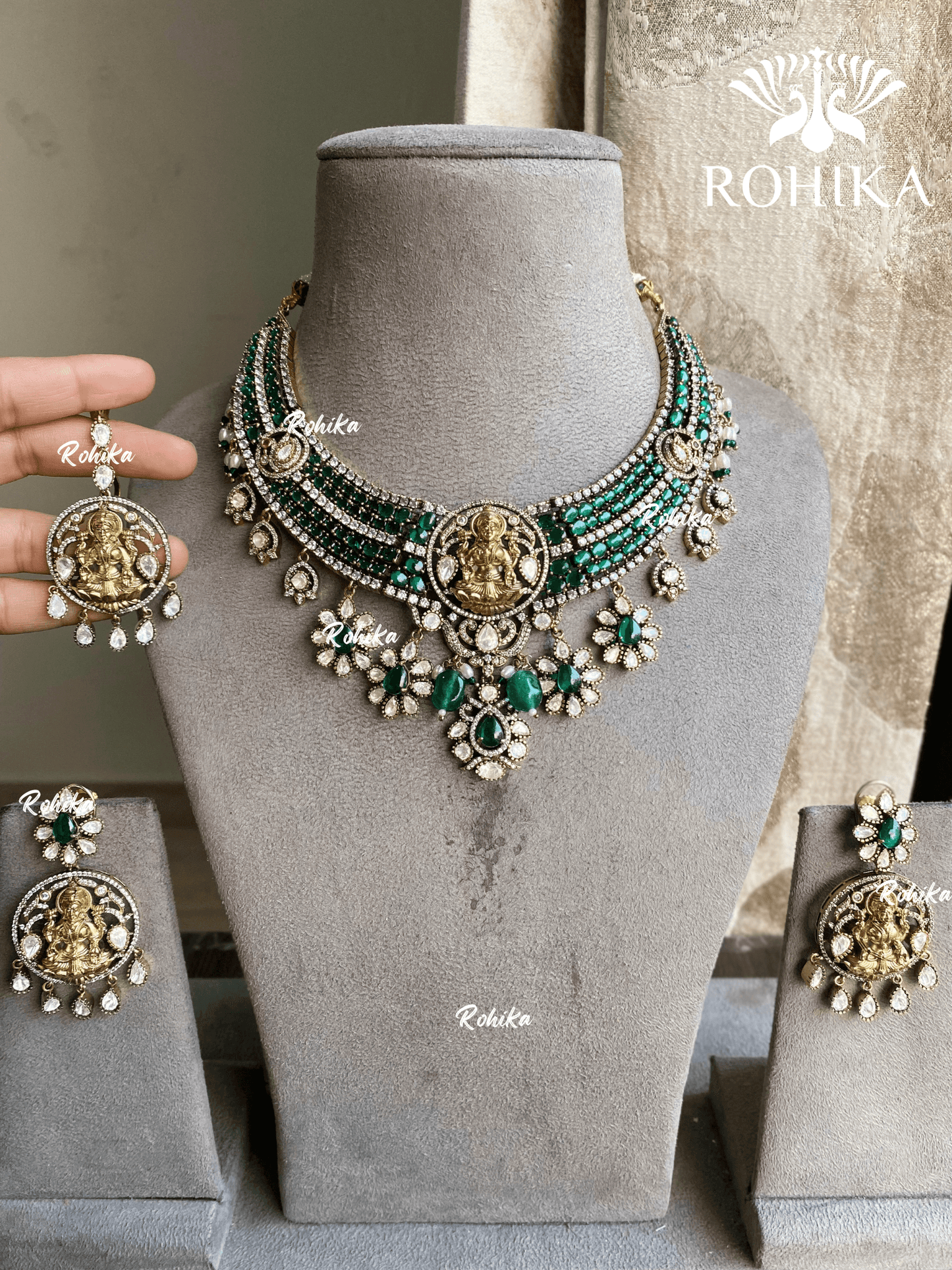 Laxmi moisanite polki necklace set - Dark Green - Rohika Store
