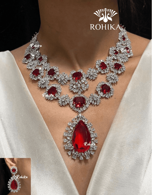 American diamond necklace set (ADN -002) - Red - Rohika Store