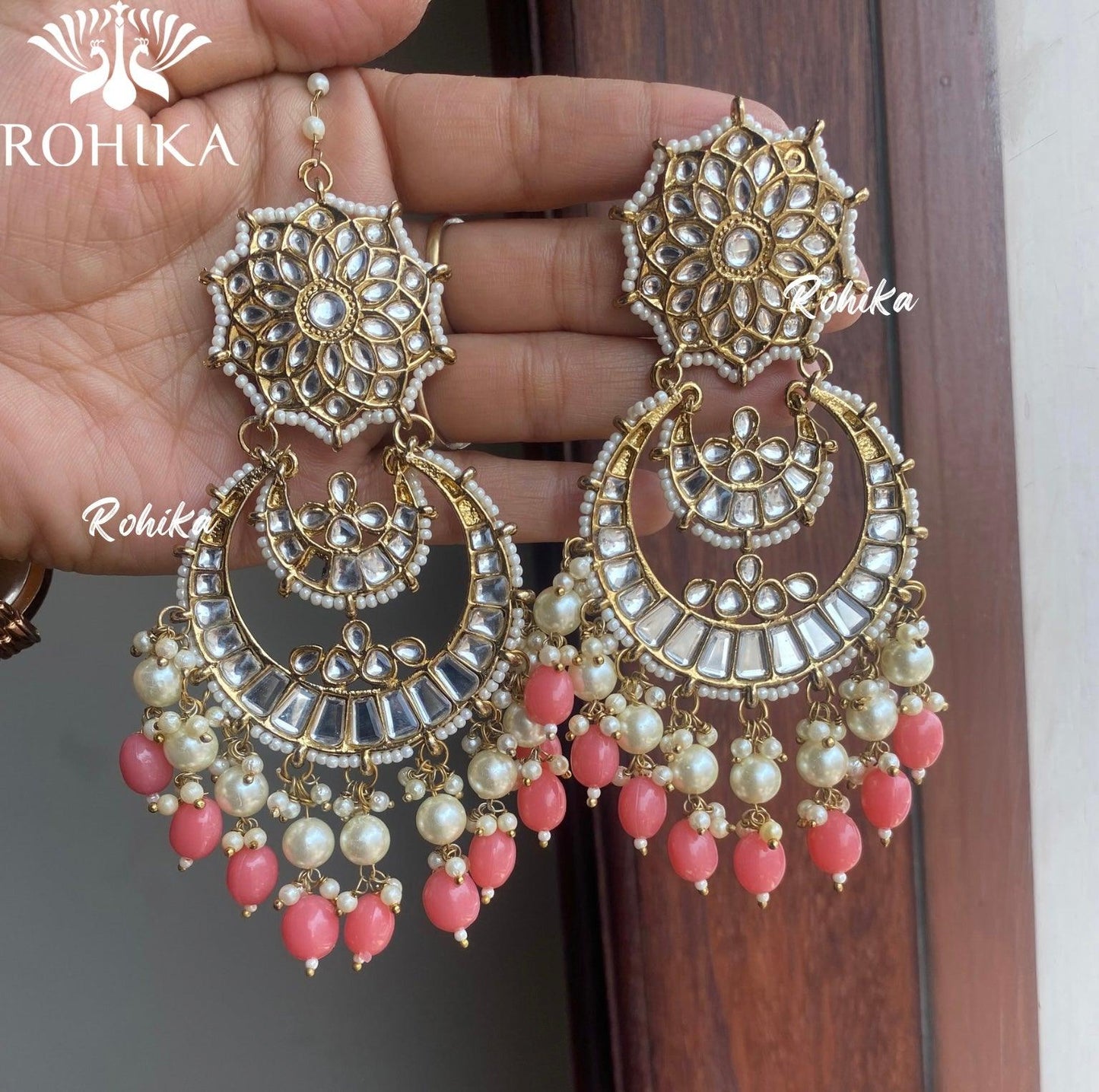 Paakhi earrings and maangtikka combo - Pink - Rohika Store