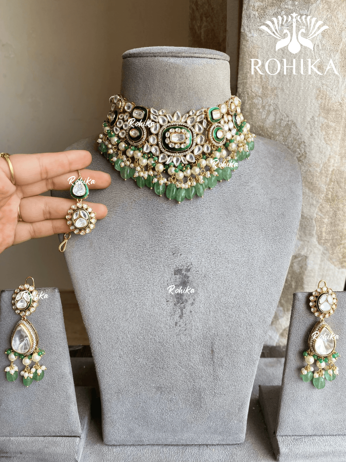 Aarna Polki Kundan choker Set – Green | Bridal & Party Wear - Rohika Store