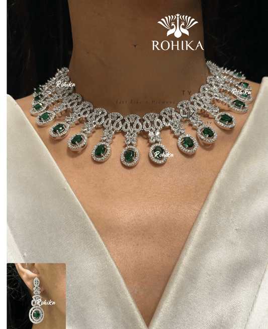 American diamond necklace set (ADN -007) - Dark green - Rohika Store