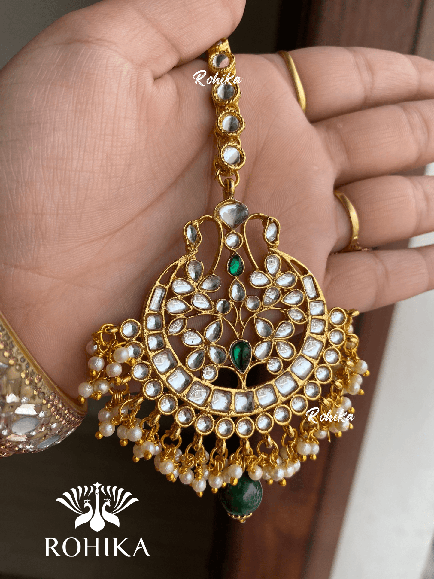 Kavee earrings and maangtikka combo - Green - Rohika Store