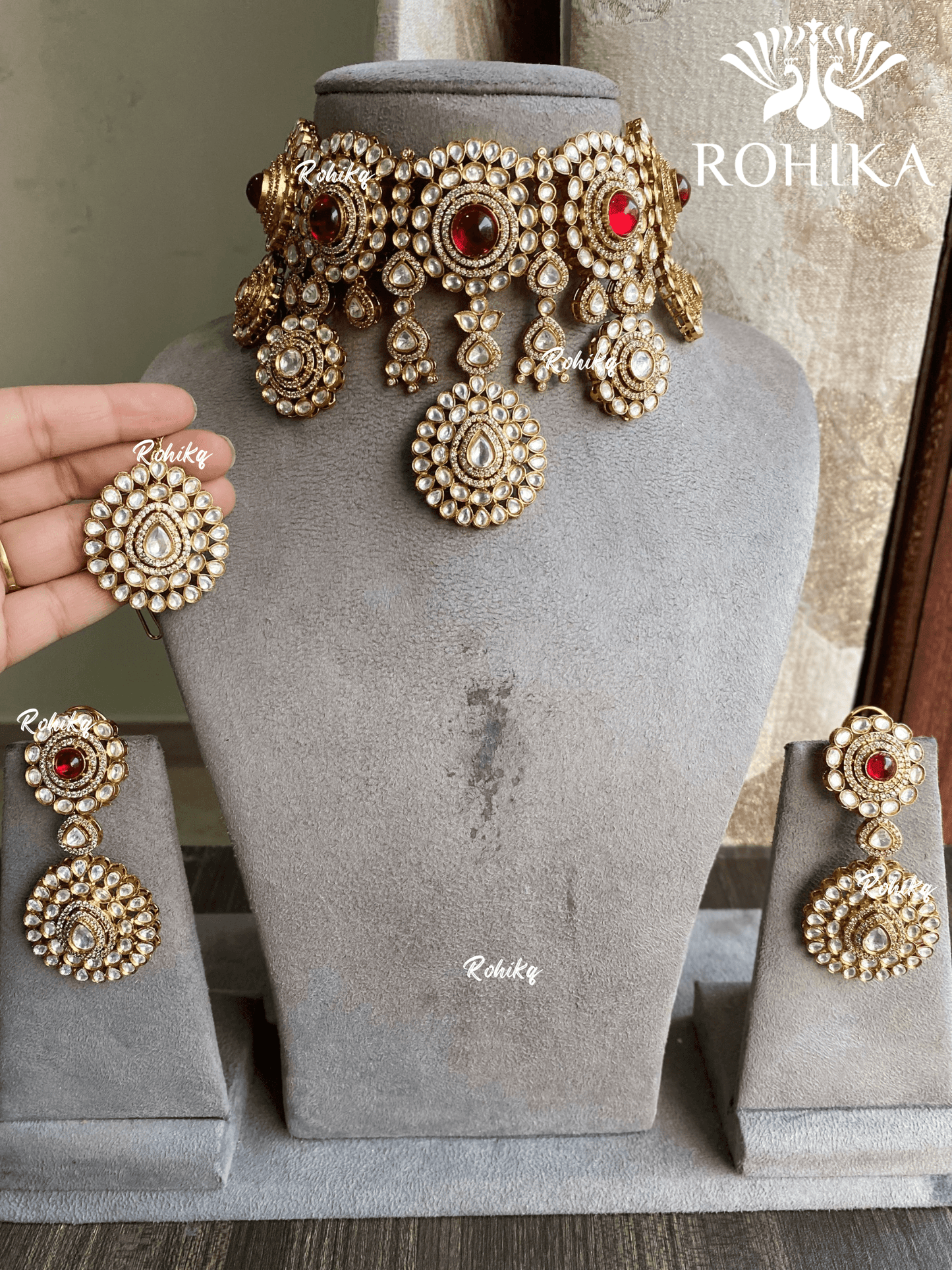 Hamsini polki kundan choker set - Red - Rohika Store