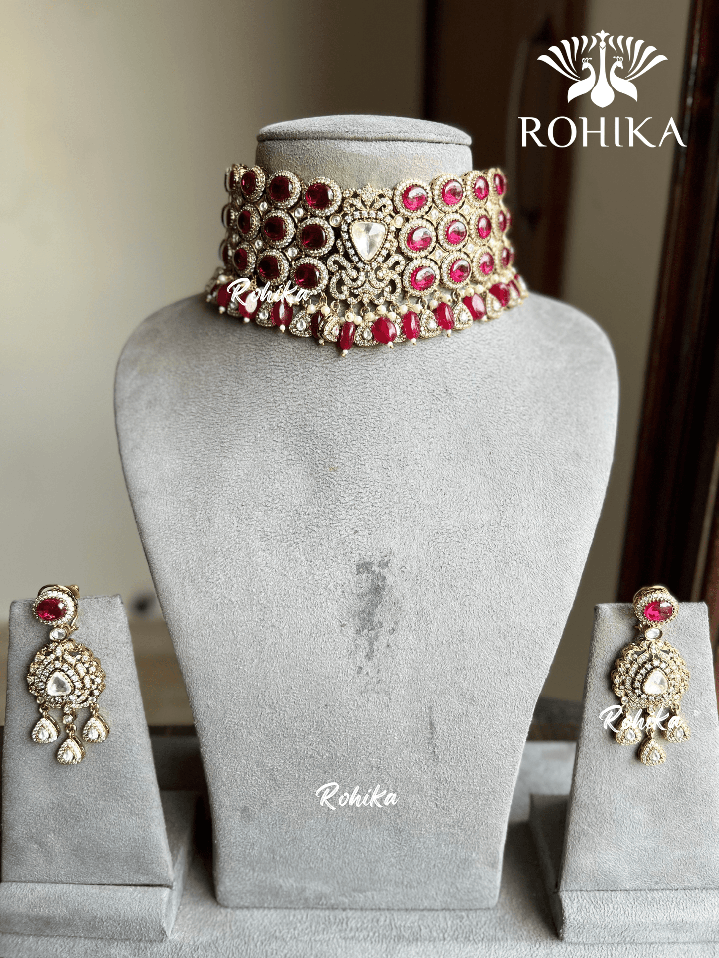 Maya designer polki kundan choker set - Red - Rohika Store