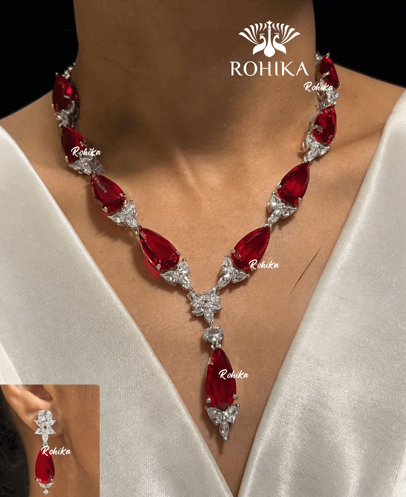 American diamond necklace set (ADN -004) - Red - Rohika Store