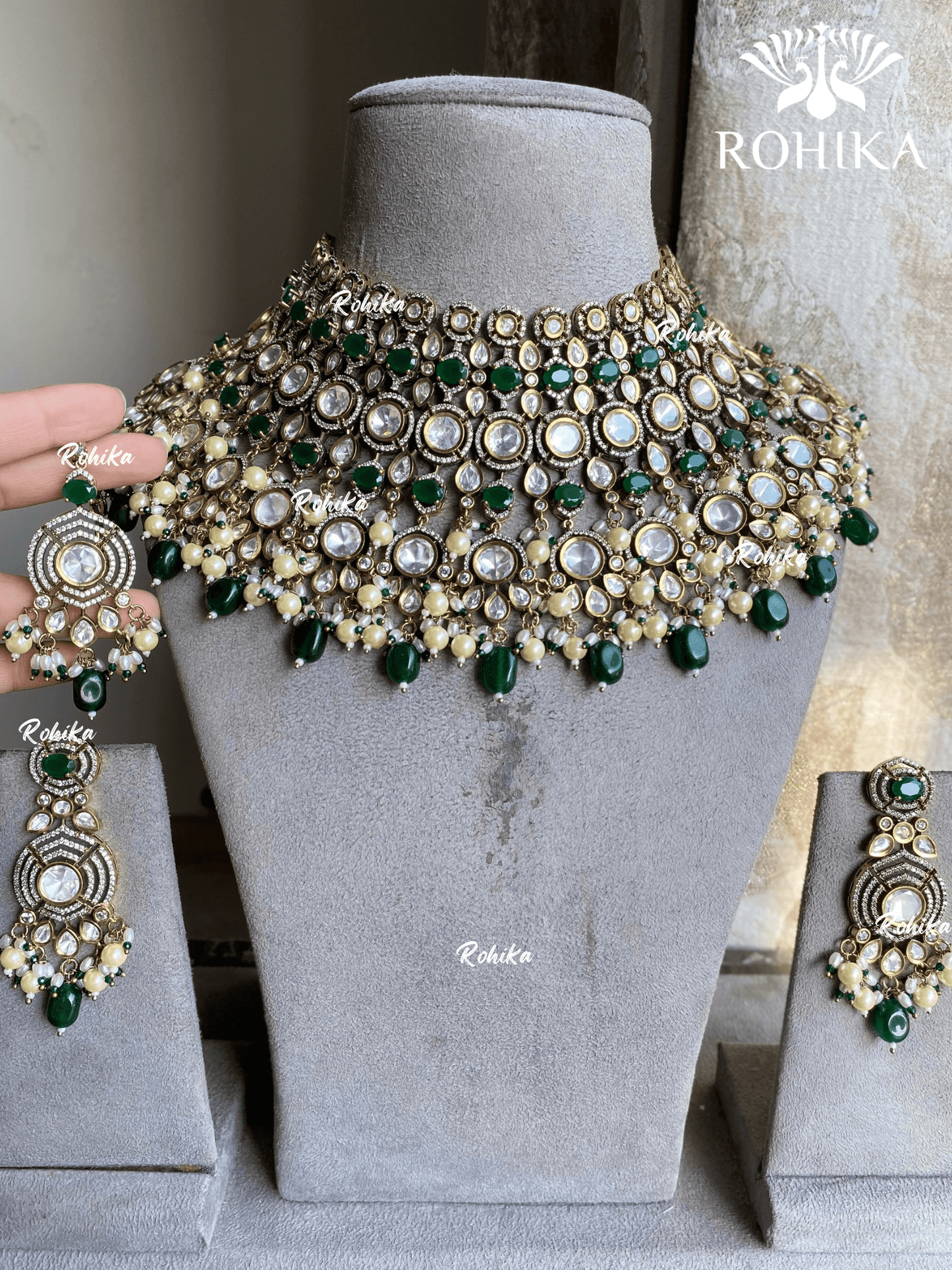 Dharini polki kundan bridal necklace set - Dark Green - Rohika Store