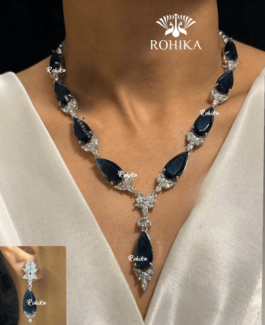 American diamond necklace set (ADN -004) - Dark blue - Rohika Store