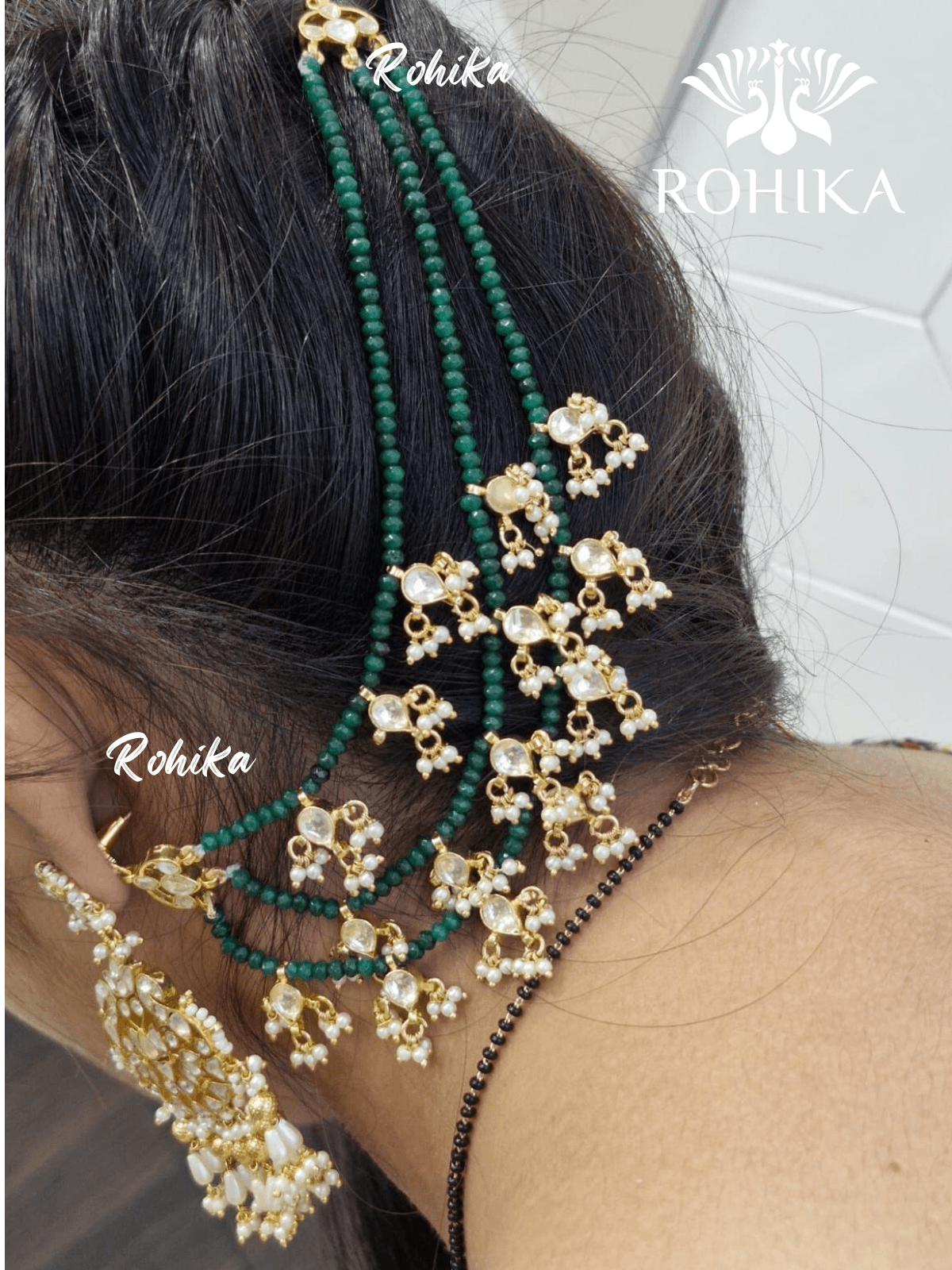 Pachhi kundan earchains - Green - Rohika Store