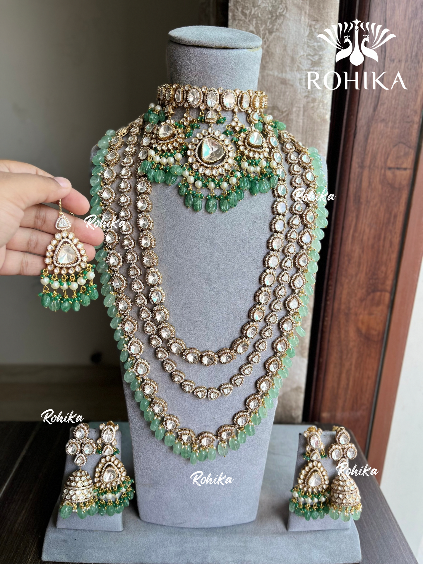 Anjani moisanite polki kundan bridal combo set - Mint green