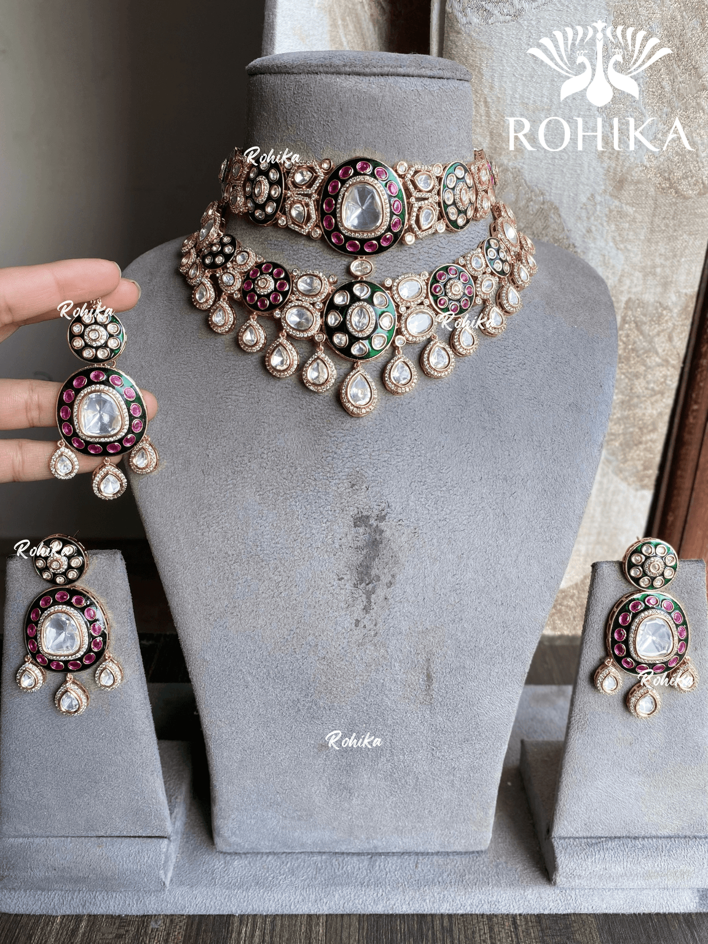 Kashvi Moisanite Polki Necklace Set - Green - Rohika Store