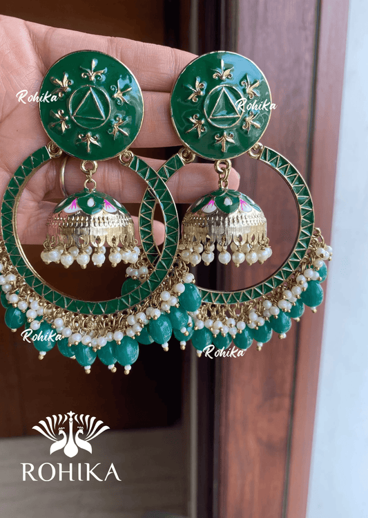 Sonal meenakari chandbali earrings - Dark Green - Rohika Store