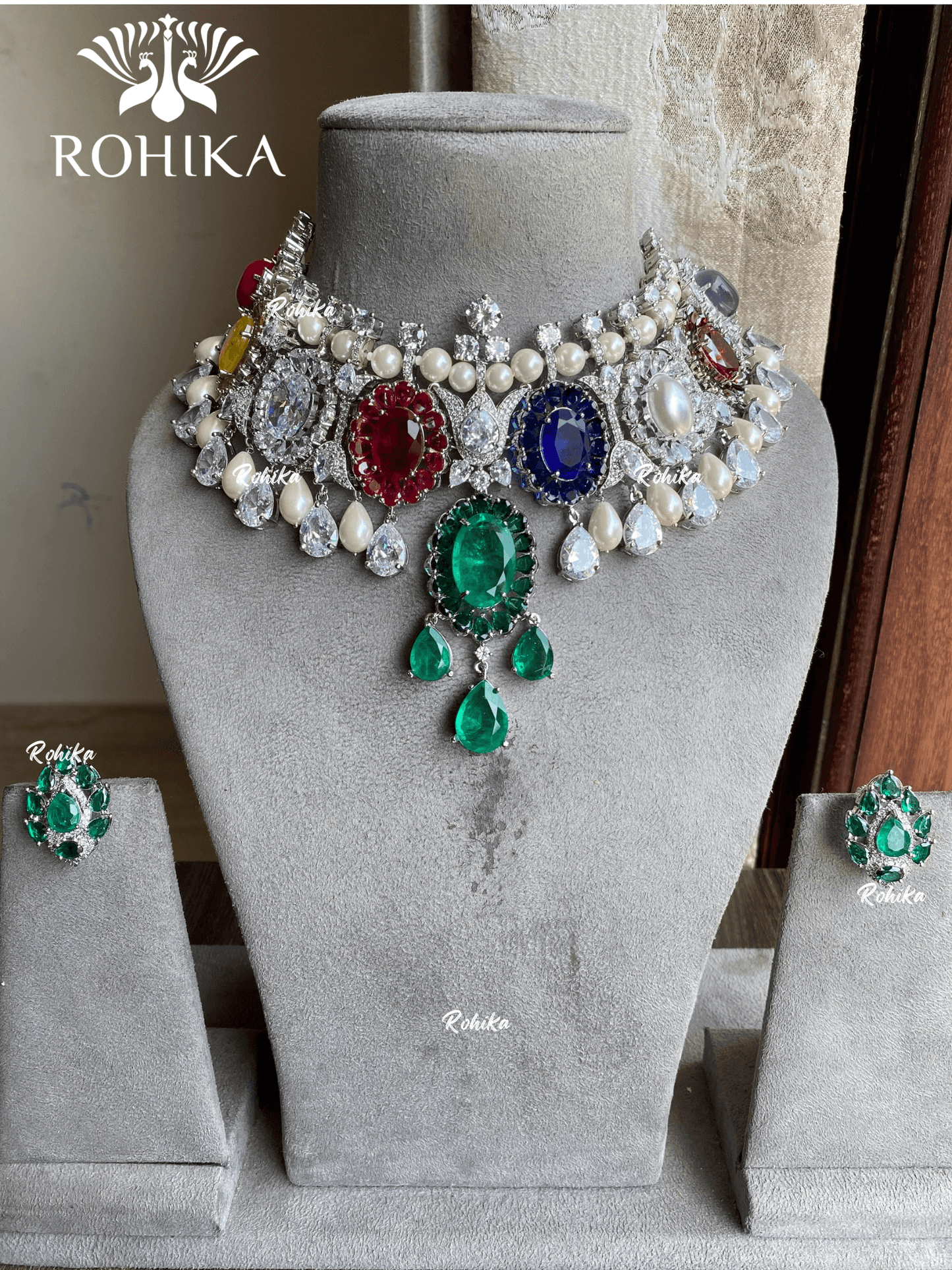 Isham american diamond necklace set - Navratna/Multi colour - Rohika Store